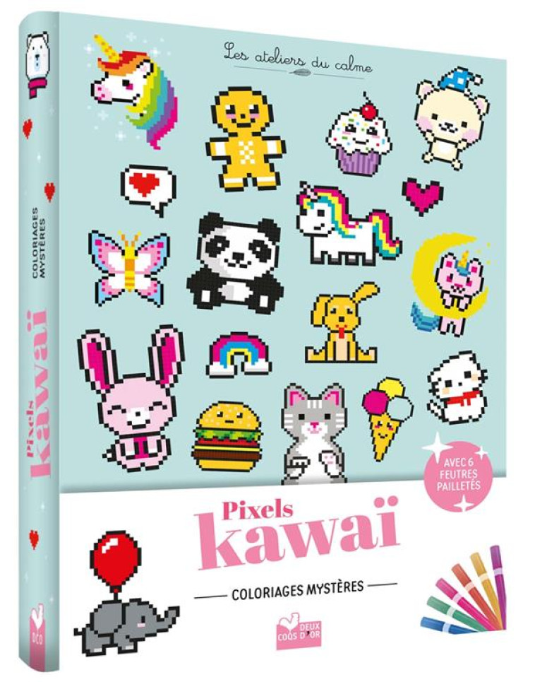 COLORIAGES PIXEL KAWAII - POCHETTE 6 FEUTRES PAILLETES - COLLECTIF - HACHETTE