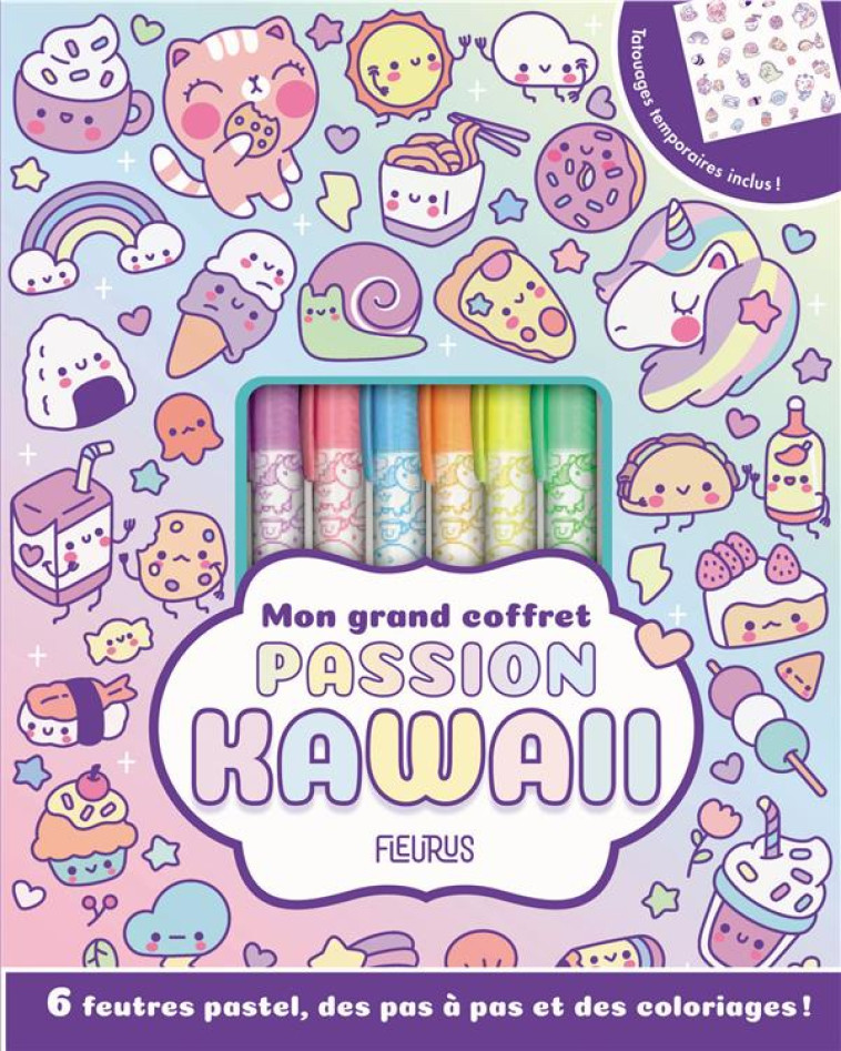 MON GRAND COFFRET PASSION KAWAII - AVEC 6 FEUTRES ET UNE PLANCHE DE TATOUAGES EPHEMERES - XXX - NC