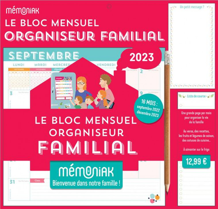 LE BLOC MENSUEL ORGANISEUR FAMILIAL MEMONIAK, CALENDRIER (SEPT. 2022- DEC 2023) - EDITIONS 365/NESK - NC
