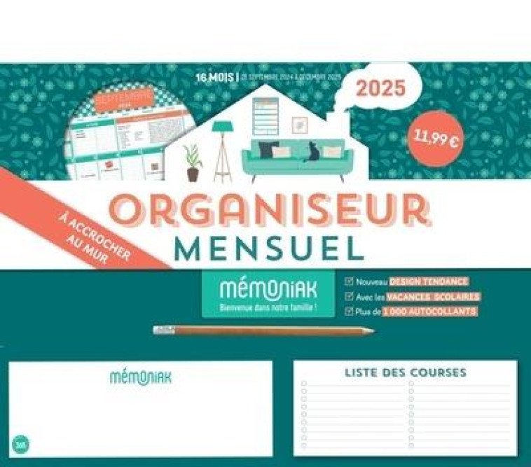 ORGANISEUR FAMILIAL MEMONIAK CALENDRIER MENSUEL A ACCROCHER, SEPT. 2024- DEC. 2025 - XXX - NC