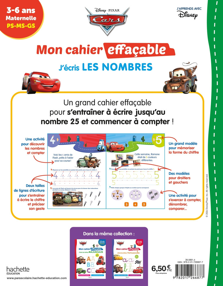 Disney - Cars - Mon cahier effaçable - J'écris les nombres et je compte (4-6 ans) -   - HACHETTE EDUC