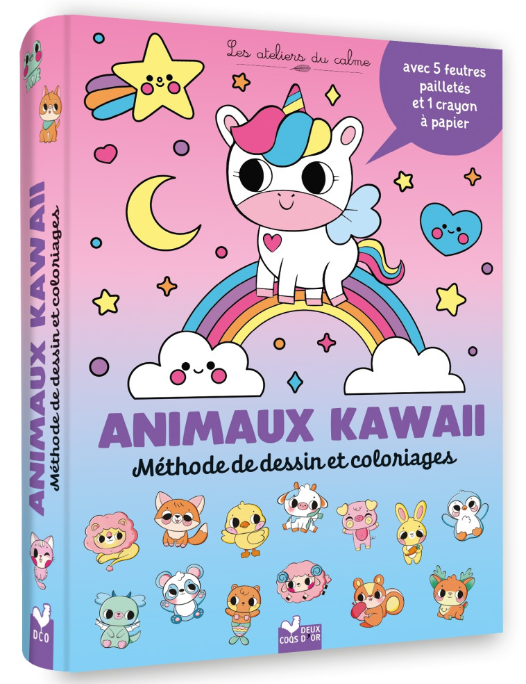 Animaux kawaii - Méthode de dessin et coloriages - pochette 5 feutres pailletés et 1 crayon à papier - Luli Bunny, Ahorine Ahorine,  Ahorine - DEUX COQS D OR