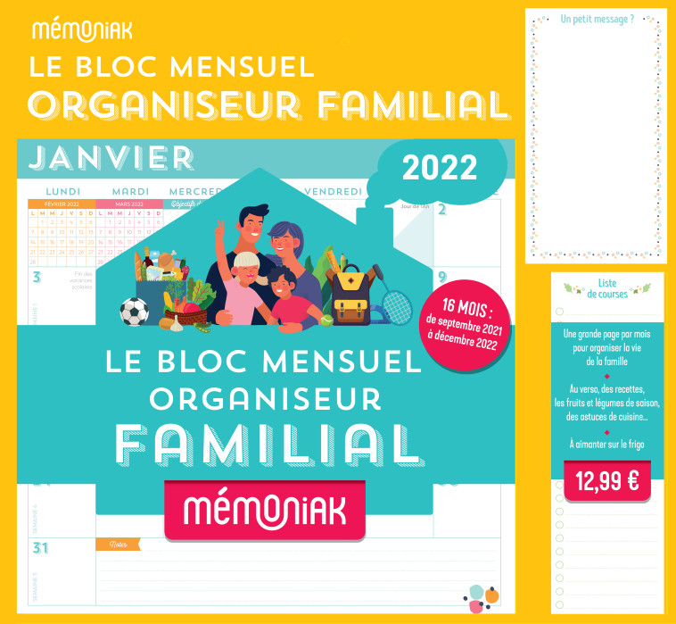 Le bloc mensuel organiseur Mémoniak 2021-2022   à aimanter sur le frigo -  Editions 365 - 365 PARIS