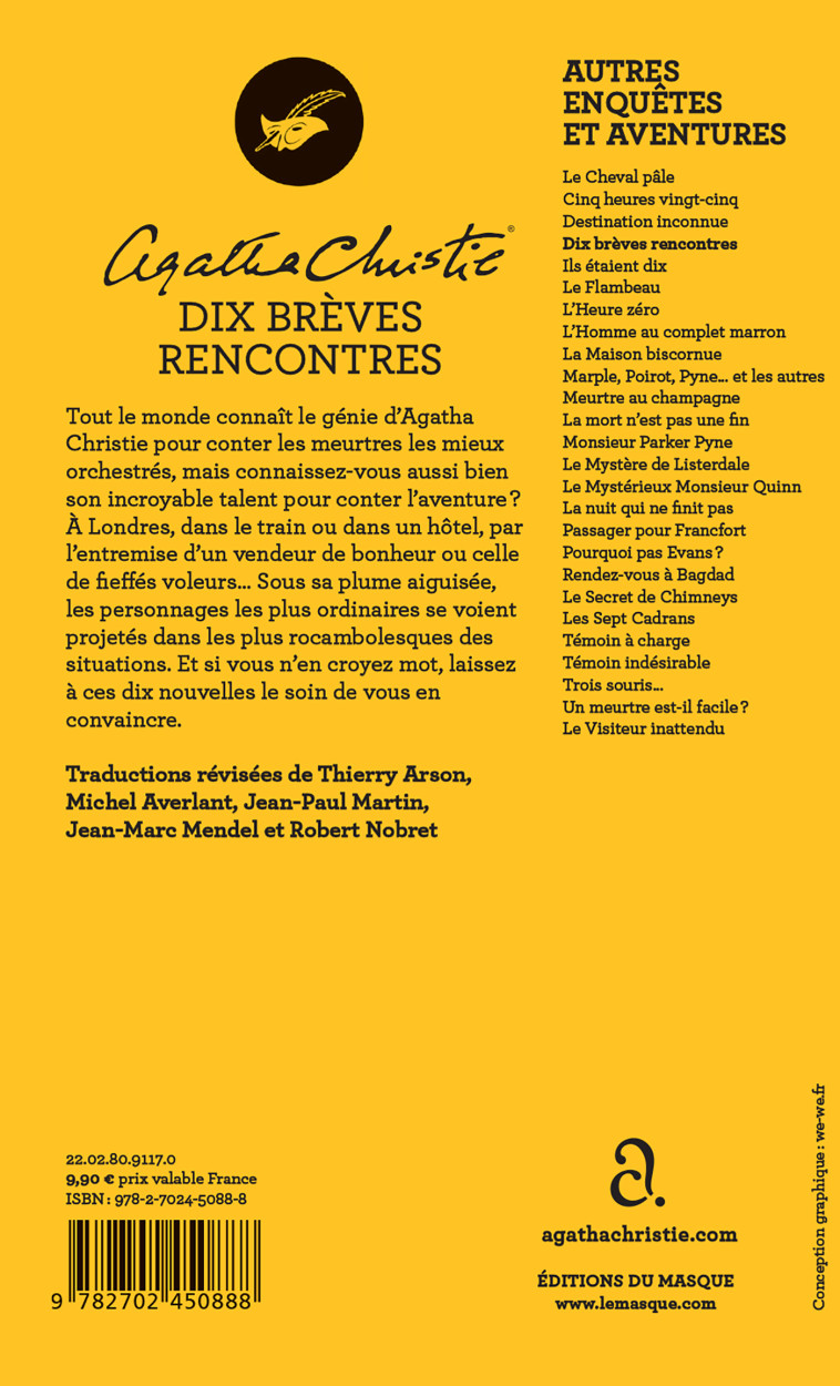 Dix brèves rencontres (nouvelle traduction révisée) - Agatha Christie - ED DU MASQUE