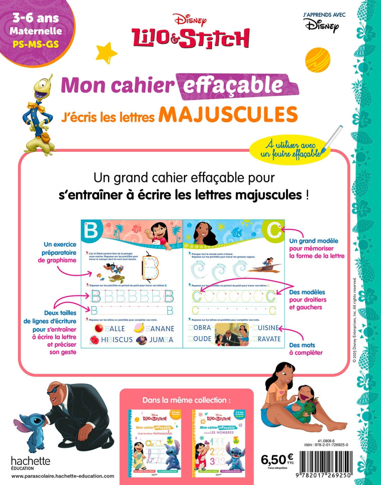 Disney - Lilo et Stitch - Mon cahier effaçable - J'écris les lettres majuscules (3 - 6 ans) -  Hachette Education - HACHETTE EDUC