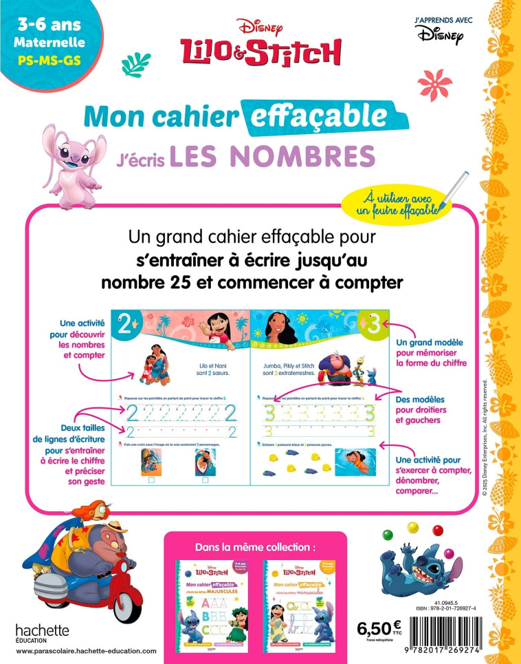 Disney - Lilo et Stitch - Mon cahier effaçable - J'écris les nombres (3 - 6 ans) -  Hachette Education - HACHETTE EDUC